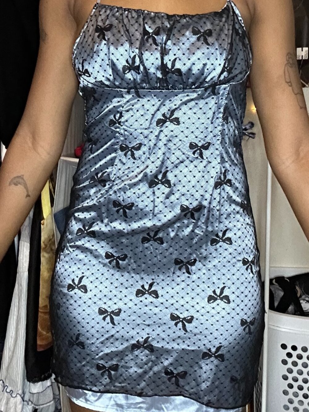 Blue Satin Slip Mini Dress with Black Bow Pattern